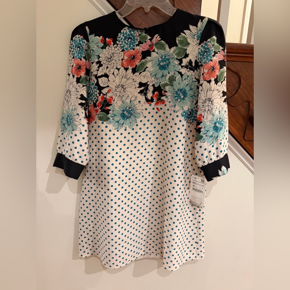 Zara White Polka Dot Dress with Black Yoke and Teal & Coral Floral Print